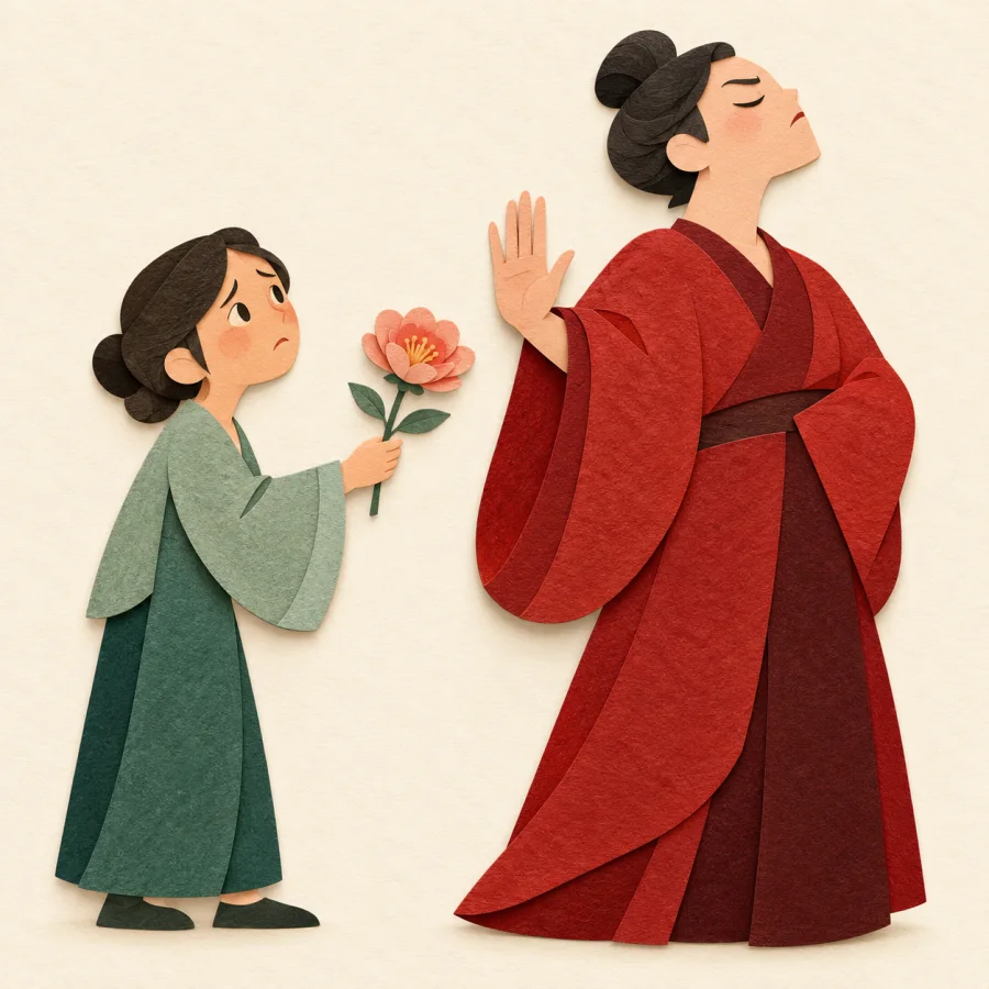 A person turns away and waves off someone offering a flower