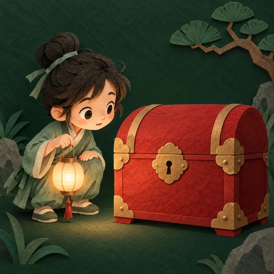 A child with a lantern studies a closed red chest