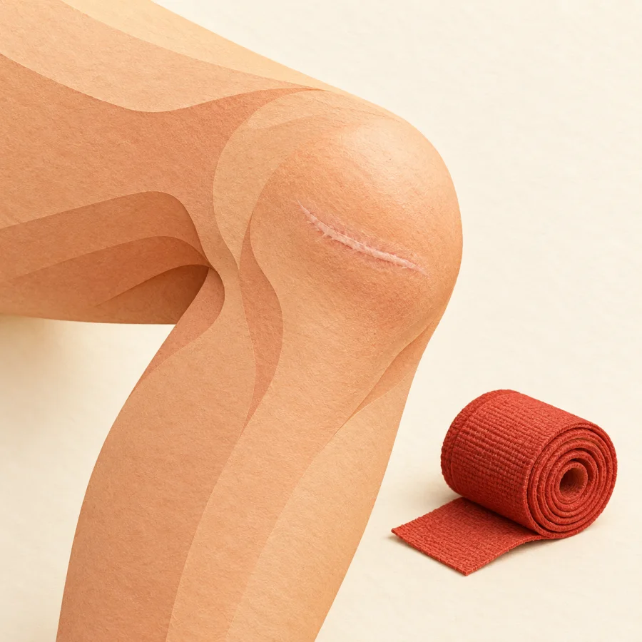 A knee with a thin pale scar