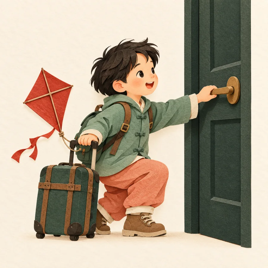A child with a suitcase eagerly reaches for the door handle