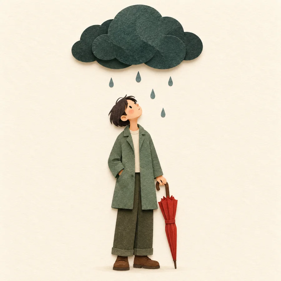 A person looks at a dark cloud holding a closed umbrella