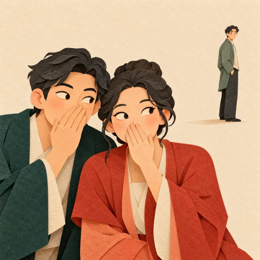 Two people whisper behind their hands, glancing at a third