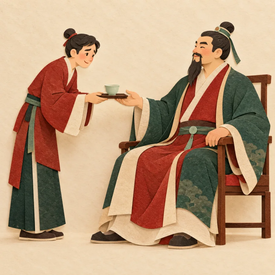 A person with a tray smiles anxiously at a seated boss