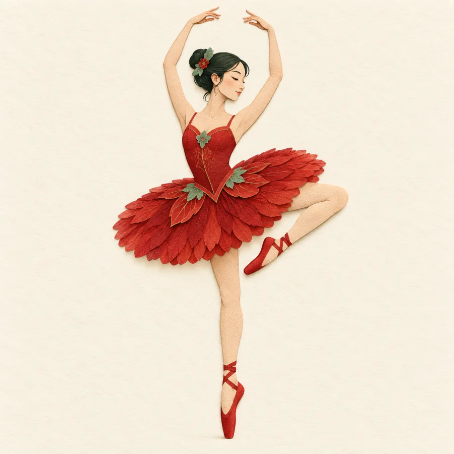 A dancer in a red tutu stands on tiptoe