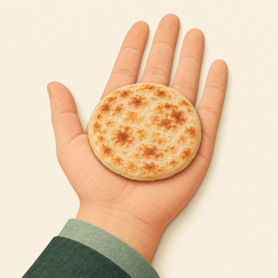 An open palm with a round flatbread of the same size