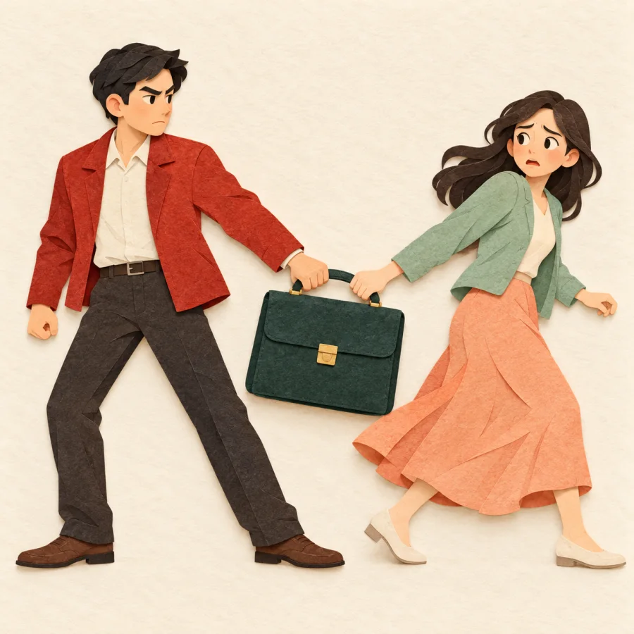 A person grips the handle of a nervous person's briefcase