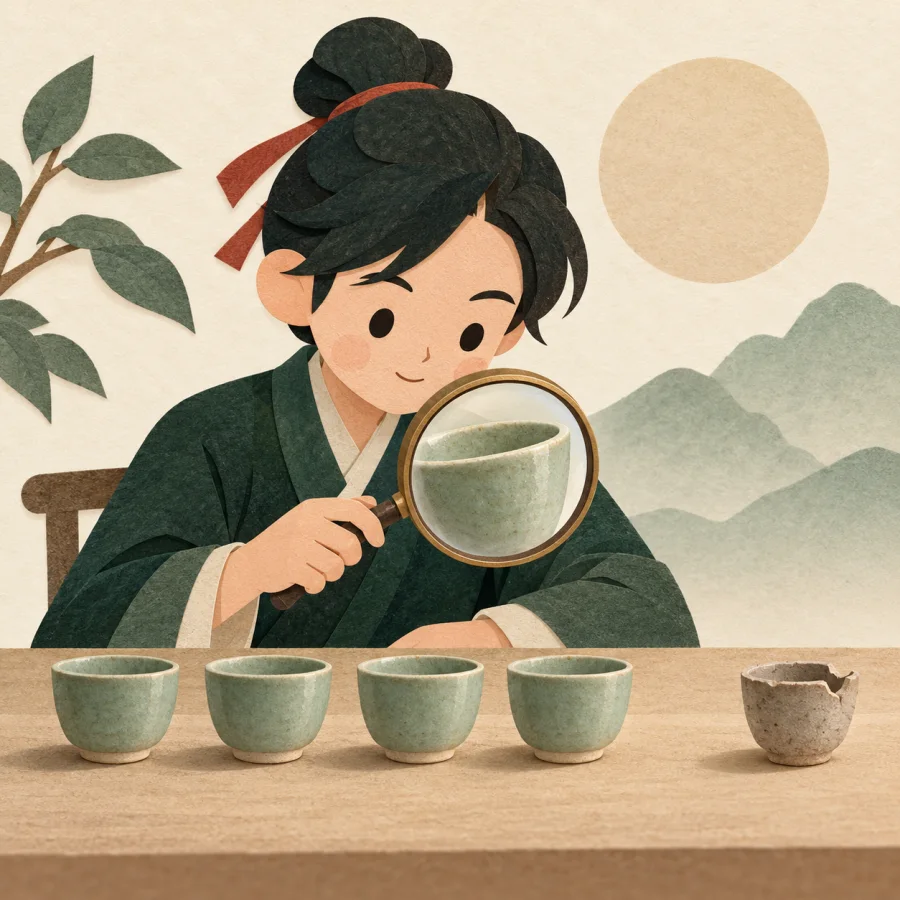 A person inspects a row of cups with a magnifier