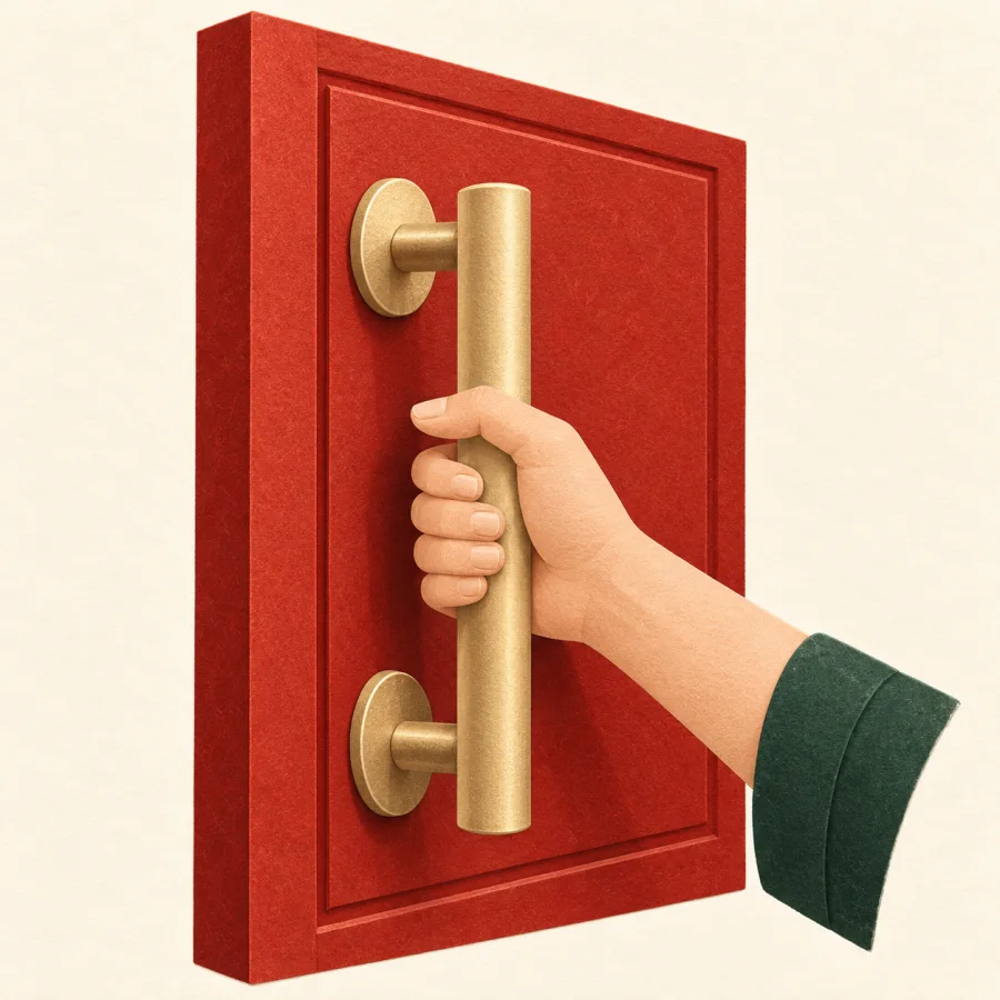 A hand grips the metal handle of a red door
