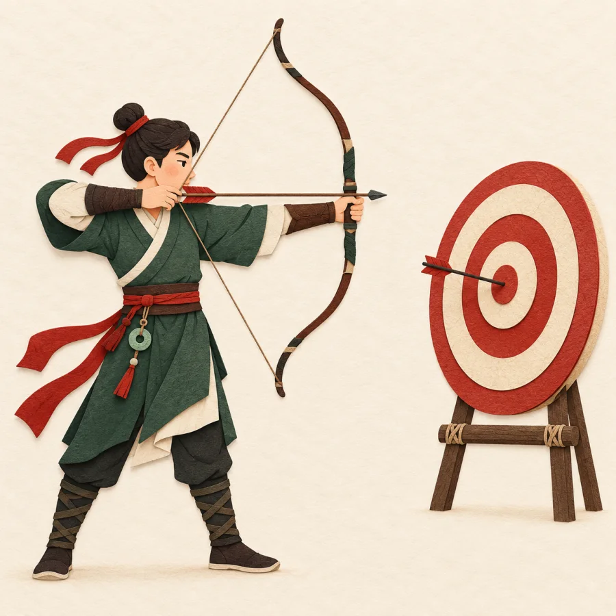An archer aims at a round target with an arrow
