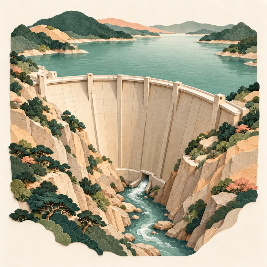 A tall curved dam holds back a calm reservoir