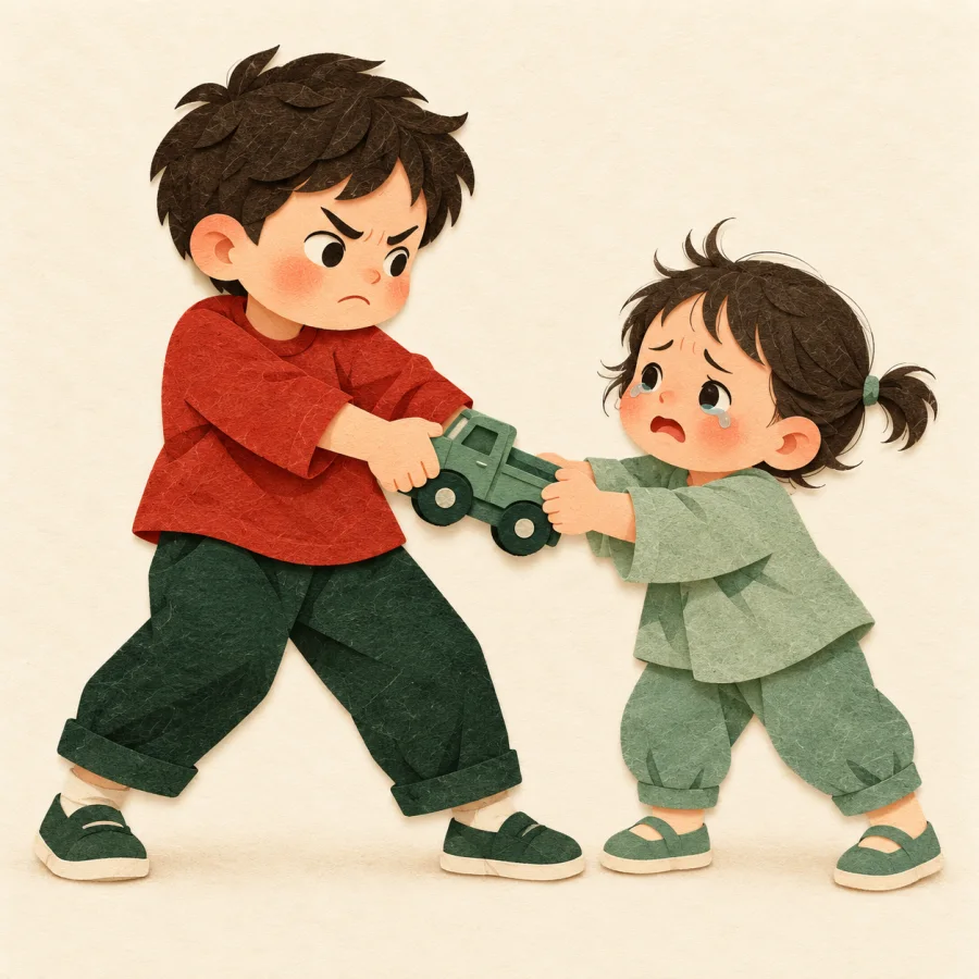A big child grabs a toy from a smaller child