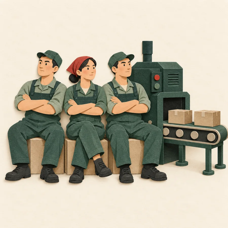 Workers sit with folded arms beside an idle machine