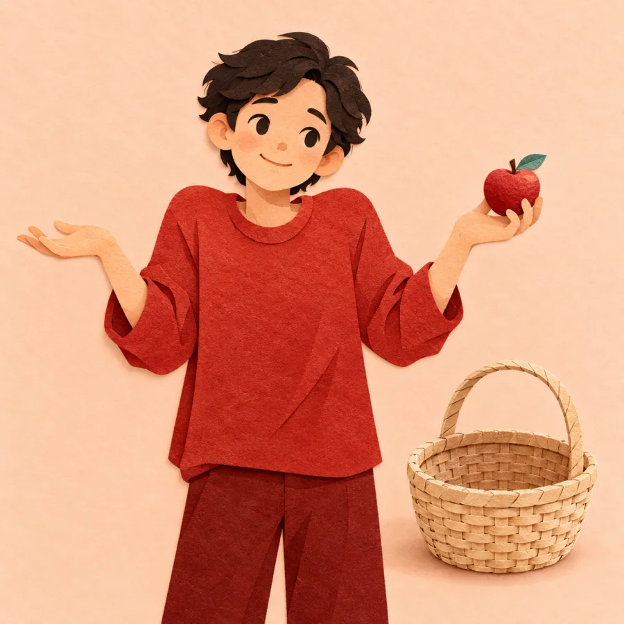 A person shrugs while holding one small apple