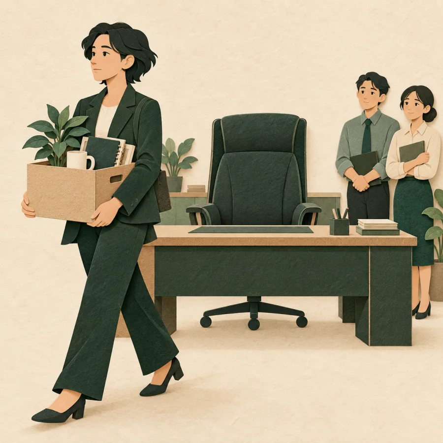 A manager carries a box of belongings away from an empty chair