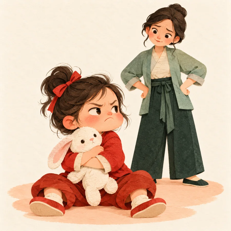 A stubborn child sits on the floor hugging a toy
