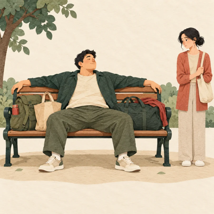 One person sprawls across a bench while another stands aside