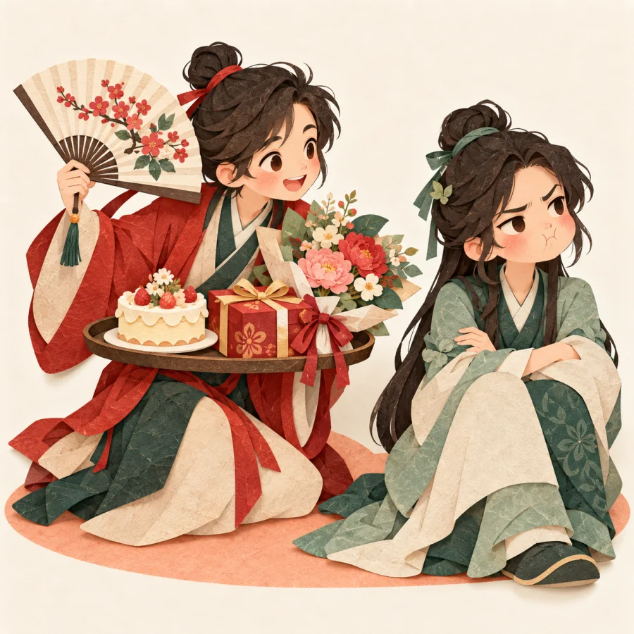 A person offers flowers, cake and a gift to a sulking friend