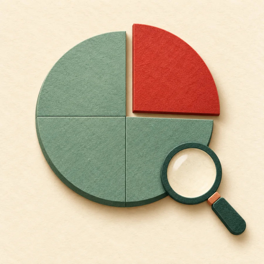 A pie chart with one red wedge pulled out, beside a magnifier