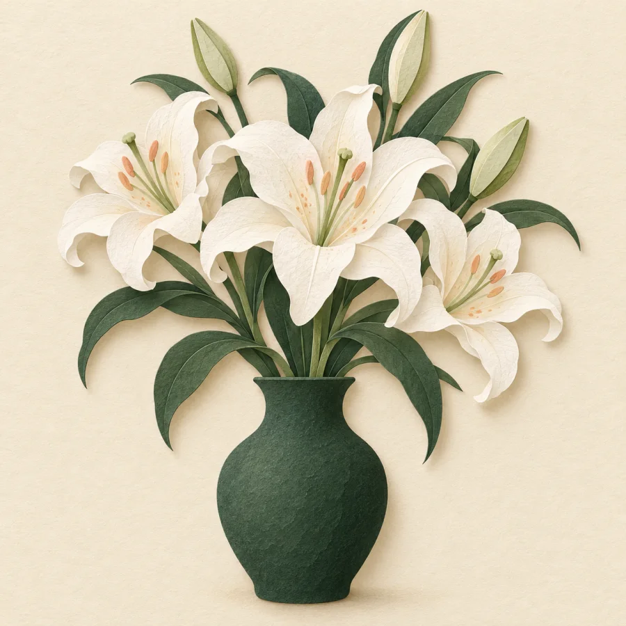 A bunch of white lilies in a simple vase