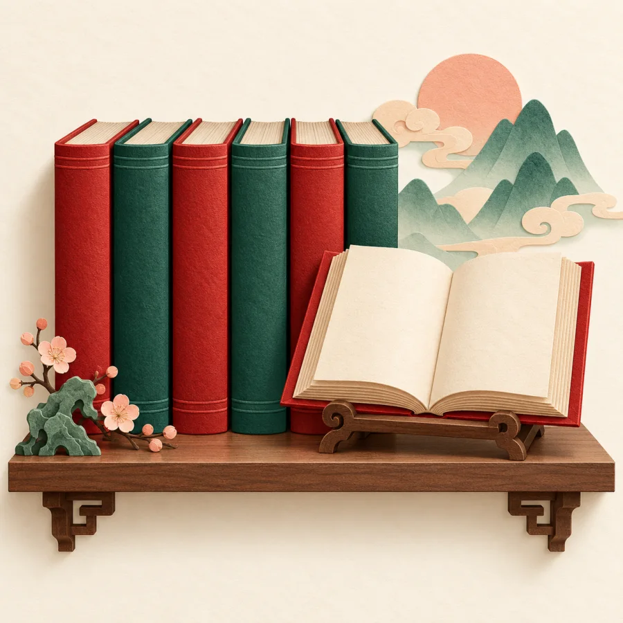 A row of thick matching volumes on a shelf, one open