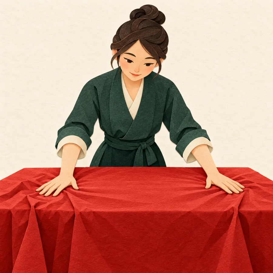 A person smooths a red tablecloth flat with both hands