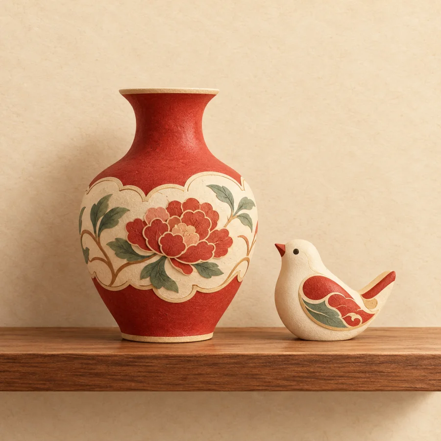 A vase and a figurine stand on an empty shelf