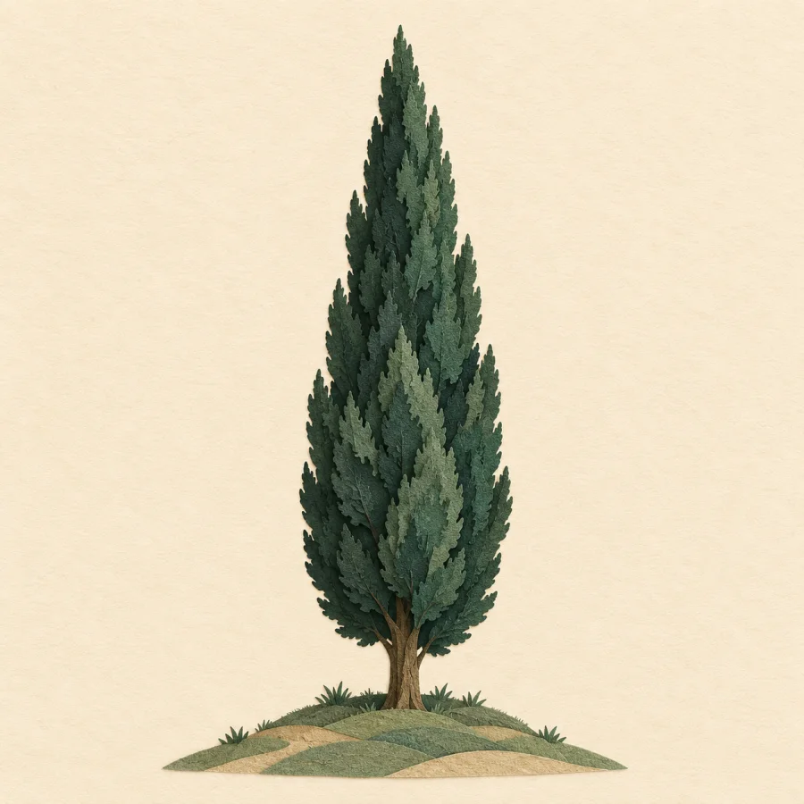 A tall dark cypress tree on a small grassy mound