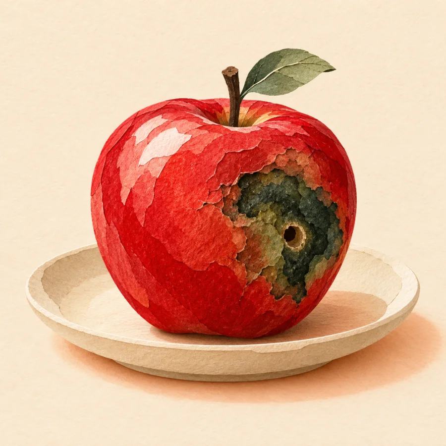 A red apple with a dark rotten patch on a plate