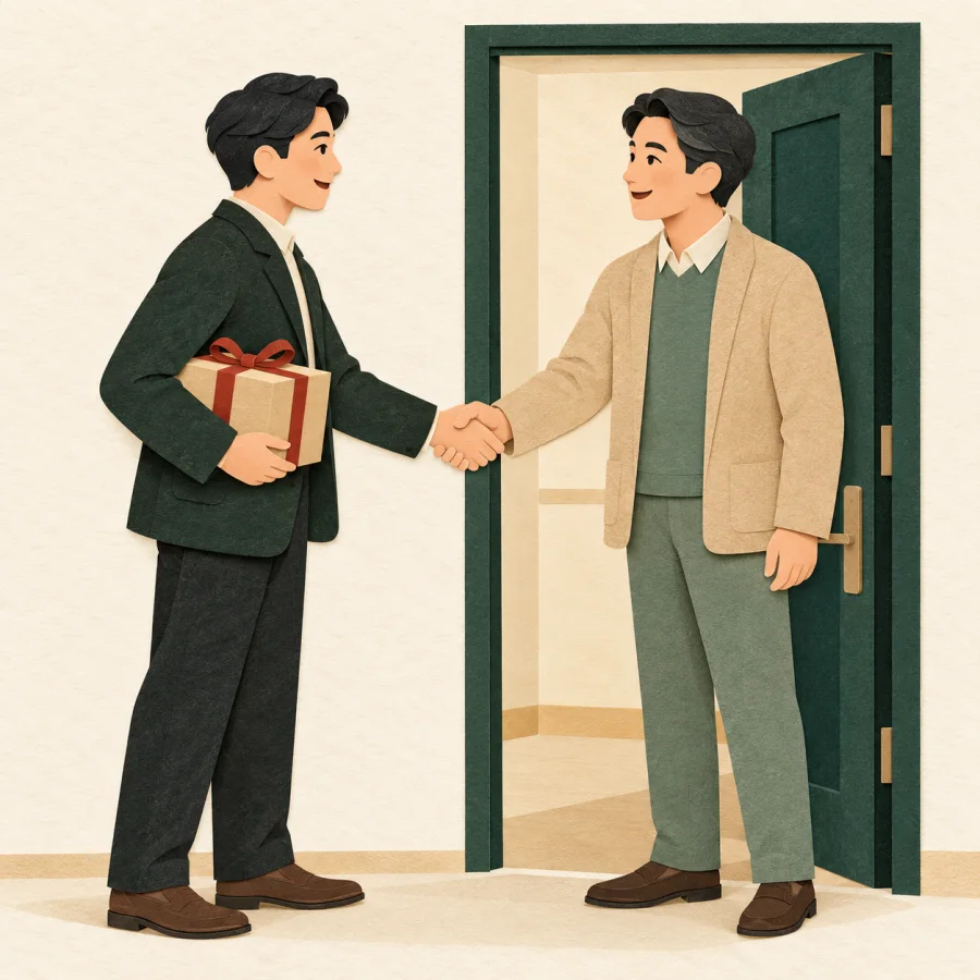 A visitor with a gift shakes a host's hand at an office door