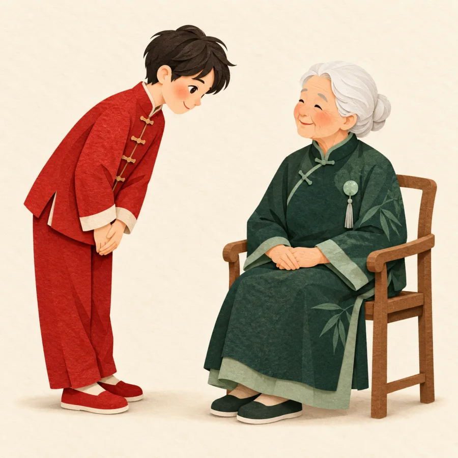 A young person bows before a seated white-haired elder