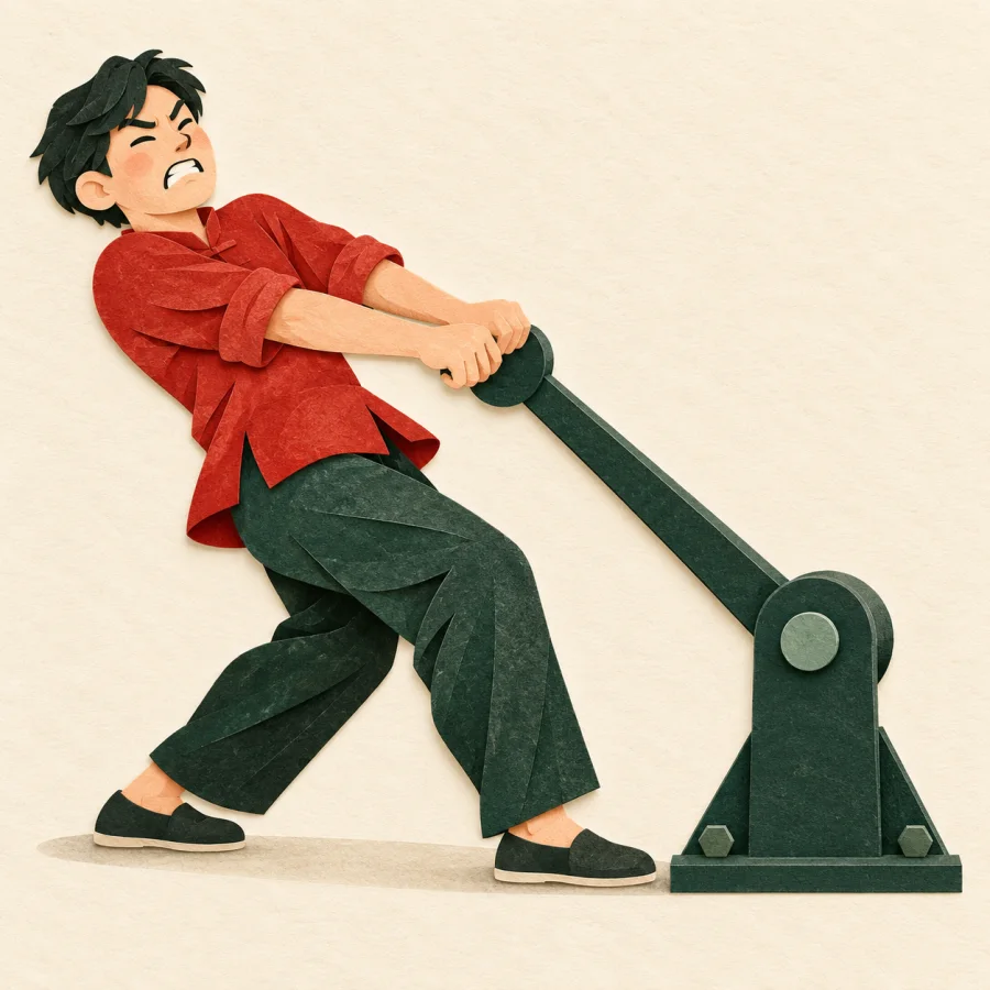 A person pulls a large lever down with both hands