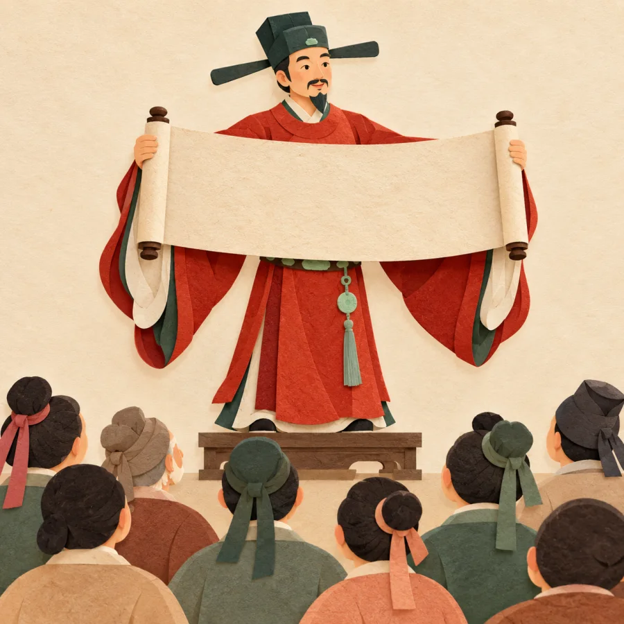 An official unrolls a scroll before a gathered crowd