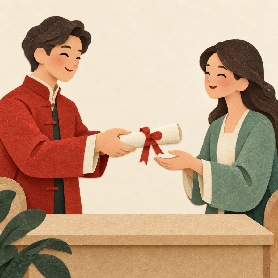 A person hands a ribboned certificate to a smiling person