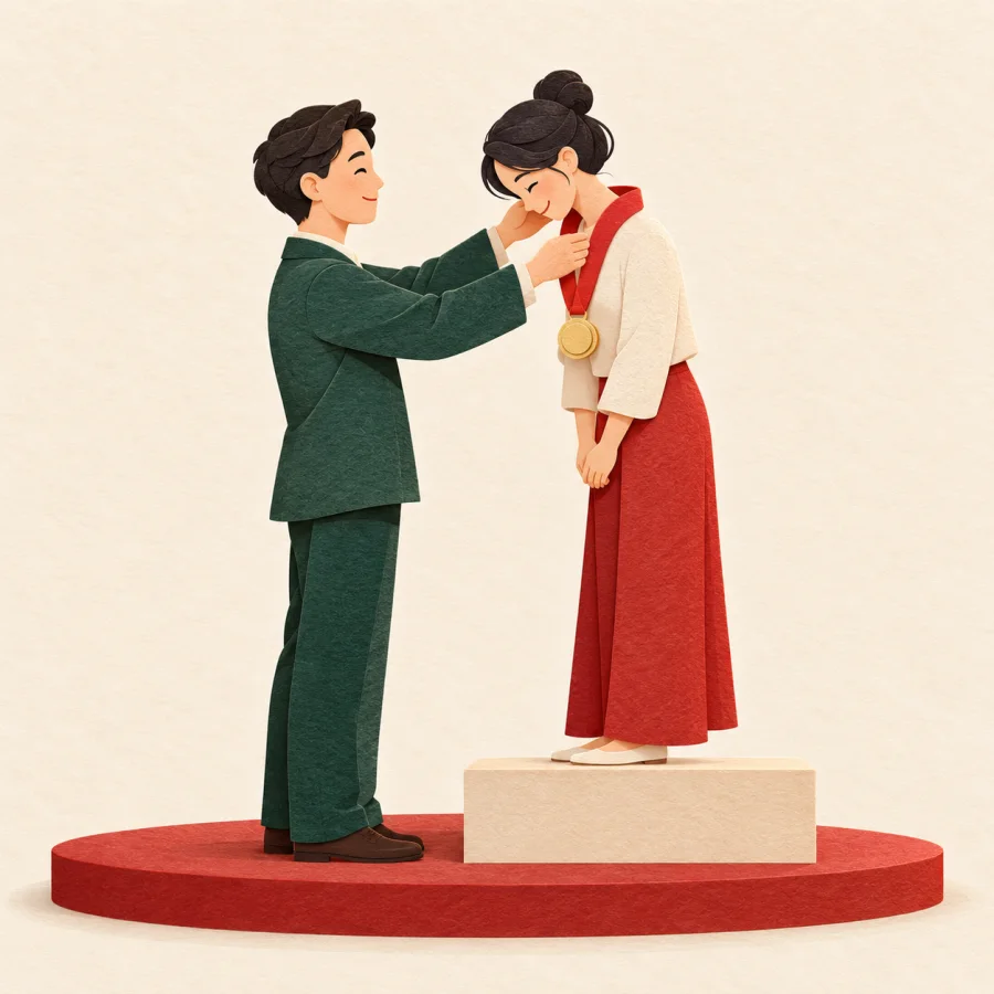 A person hangs a medal on a winner standing on a podium