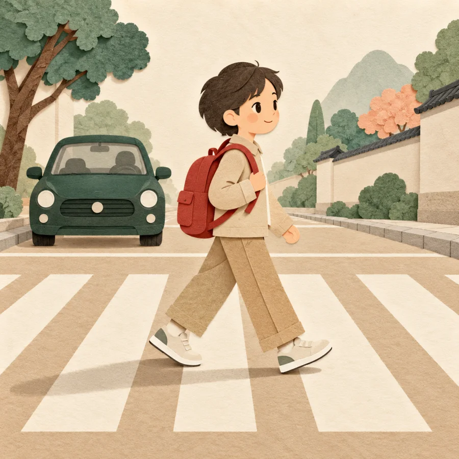 A person with a school bag crosses a street as a car waits