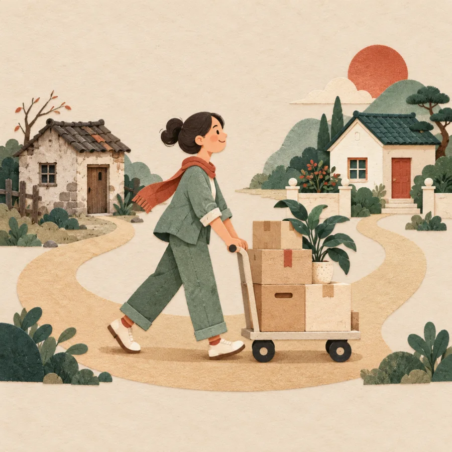 A person pushes a cart of boxes from an old house to a new one