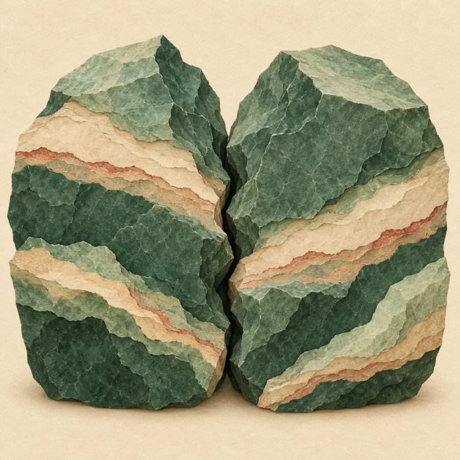 Two rocky slabs press together with a crack between them