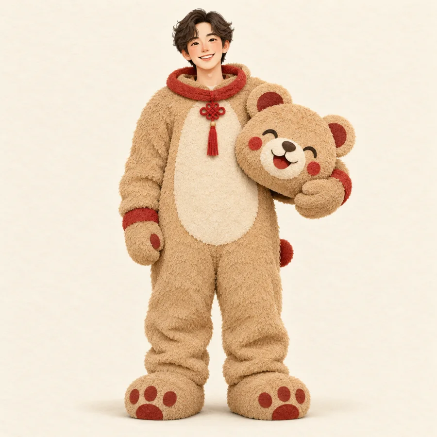 A smiling person in a bear costume holds the bear head