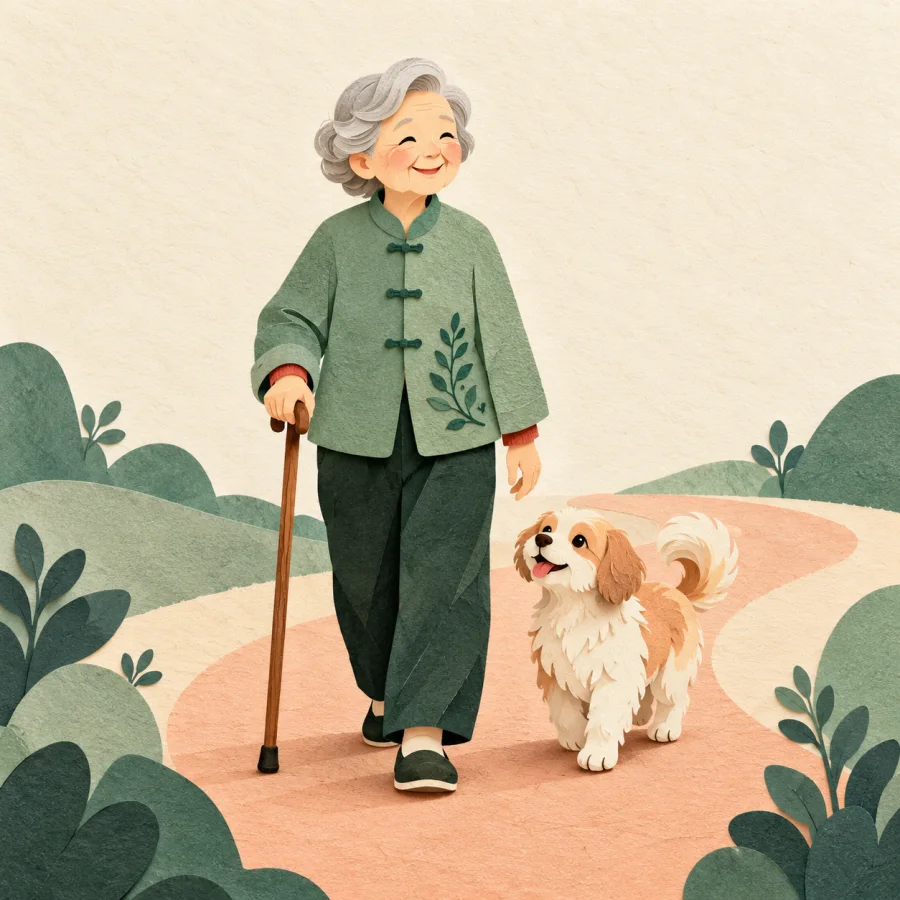 A small dog walks beside an elderly person with a cane