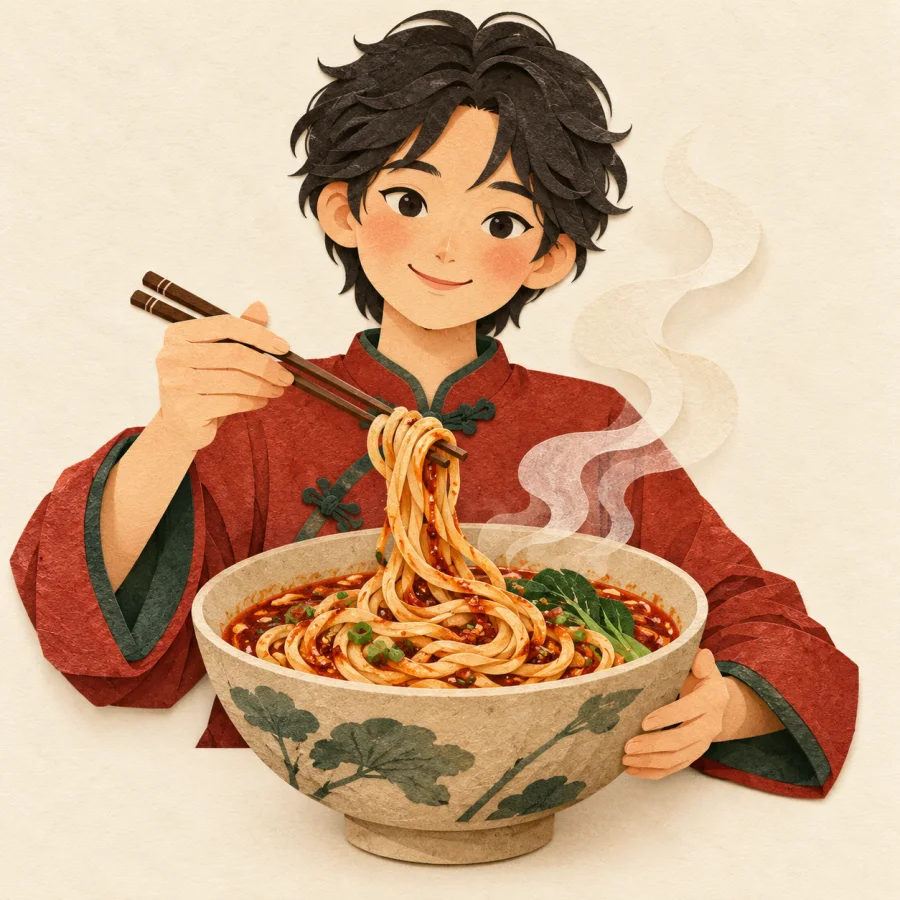 A person stirs noodles and sauce in a bowl with chopsticks