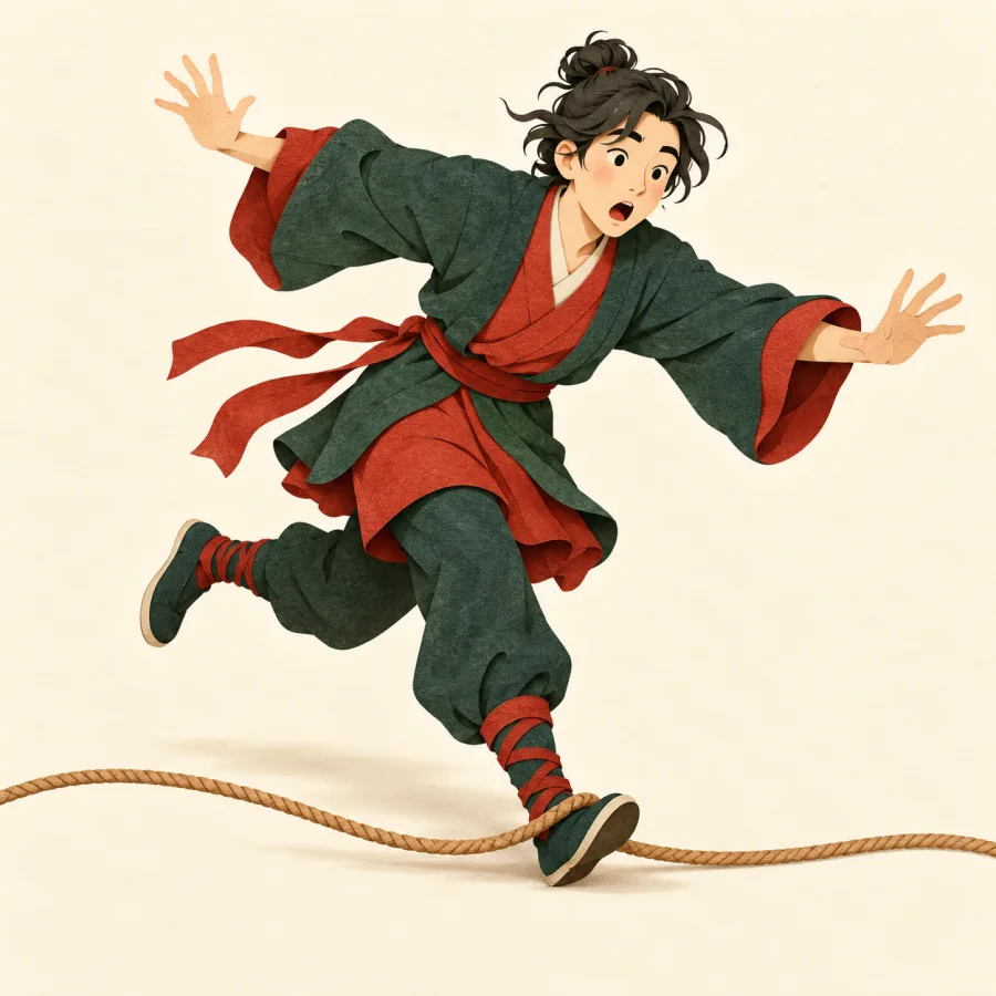 A person trips over a rope on the floor, arms flung out