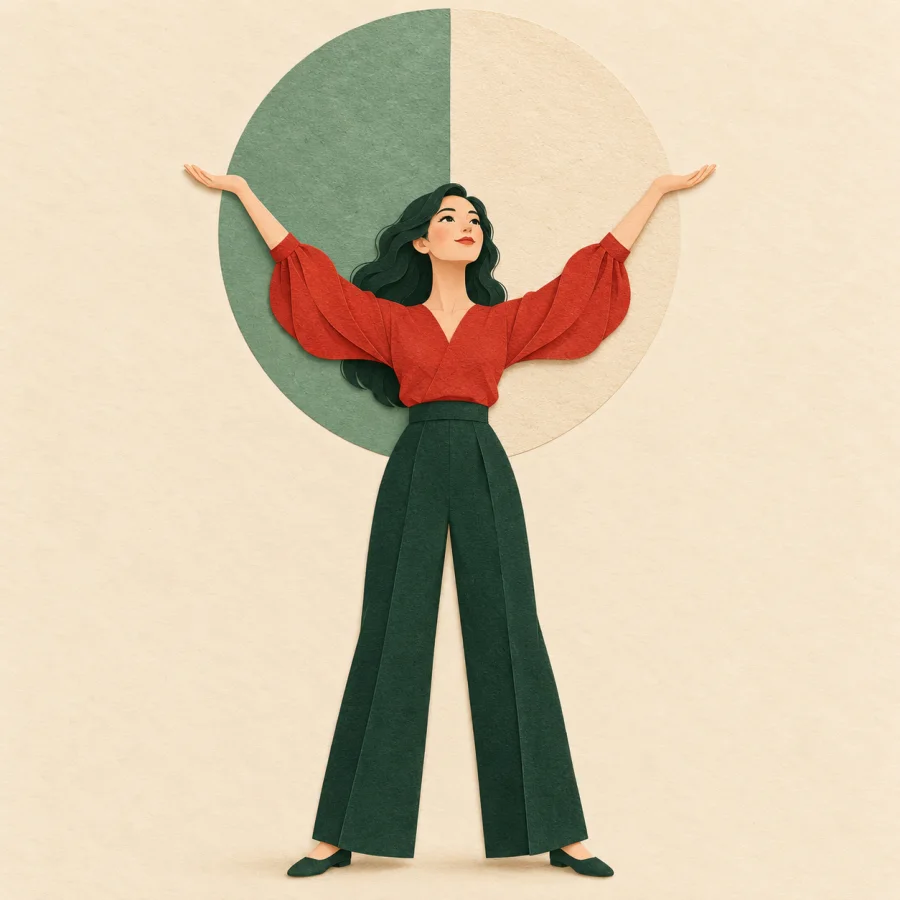 A confident woman raises her arms as if holding up the sky