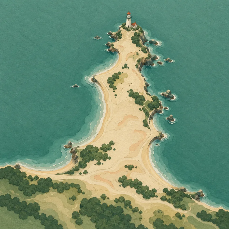 A piece of land juts into the sea with a tiny lighthouse