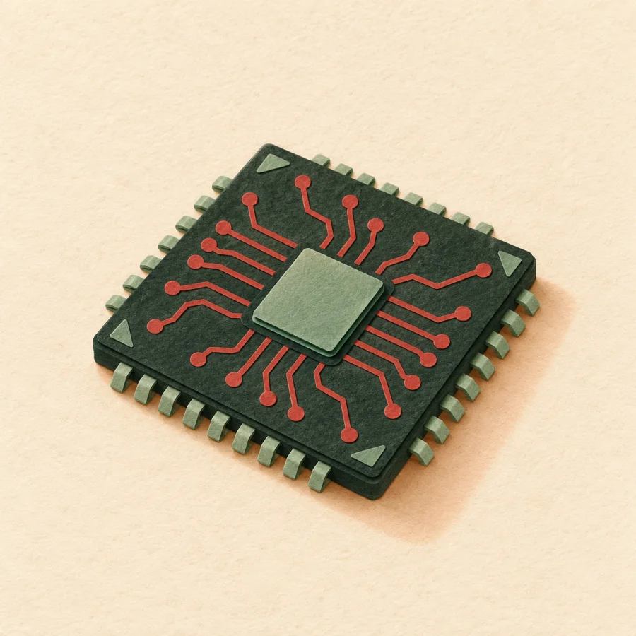 A small square chip with fine red circuit lines