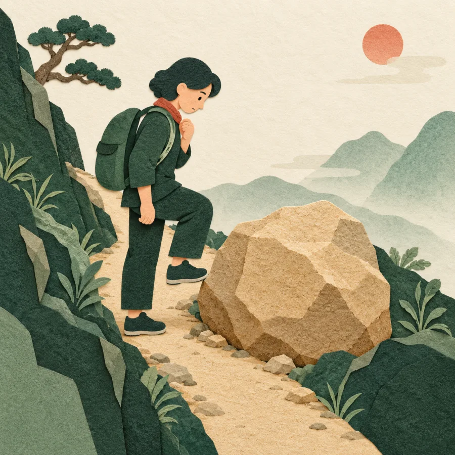 A person stops in front of a big rock in the middle of a path