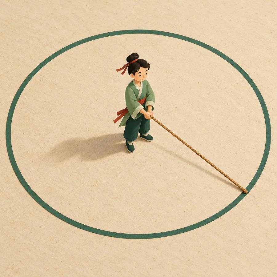 A person at the center of a circle holds a rope to its edge