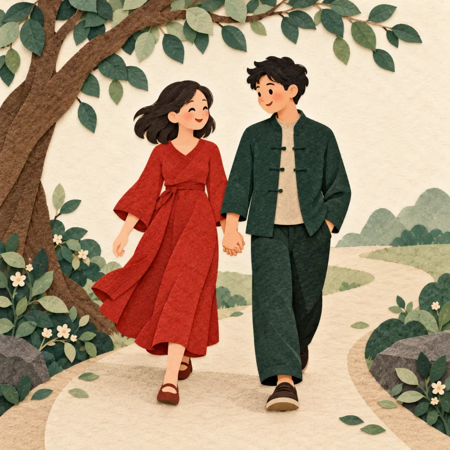 Two people walk side by side under a tree holding hands