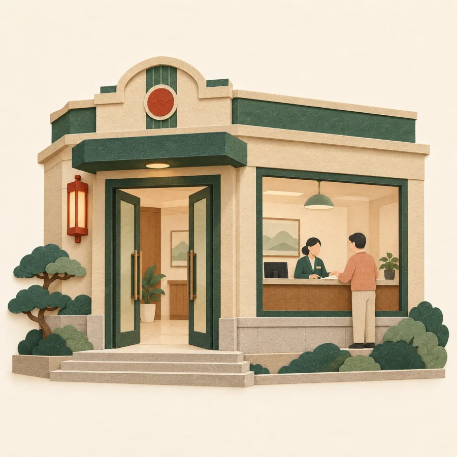 A small office building with a clerk helping a visitor at the window
