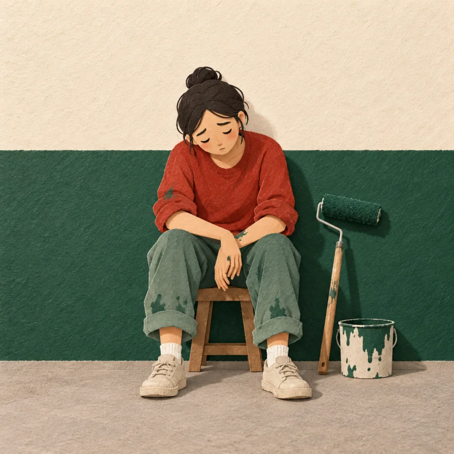 A tired person sits by a half-painted wall