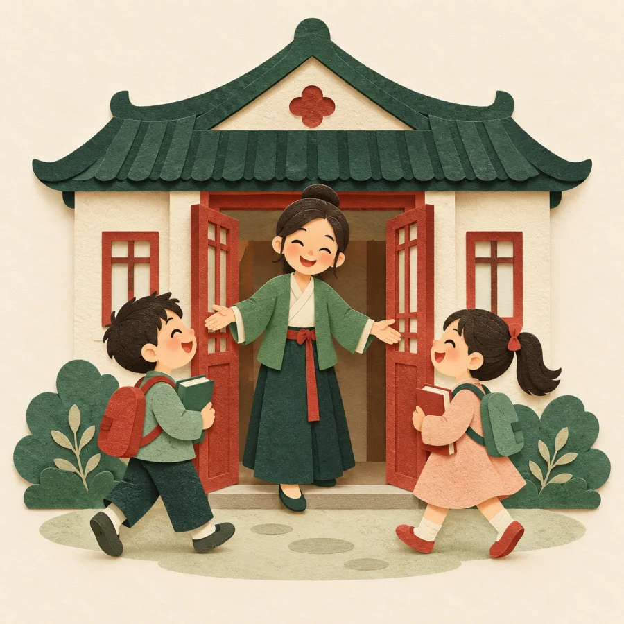 A person welcomes two children at a school door